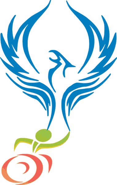 multicolored moving wheelchair symbol rising up to blue phoenix