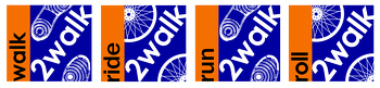  Walk/Ride/Run/Roll2Walk orange and blue square logos in a row