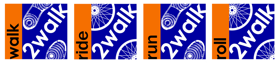 Walk/Ride/Run/Roll2Walk orange and blue square logos in a row