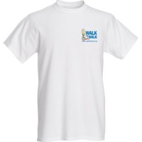 white tshirt with multicolor walk2walk logo on left chest