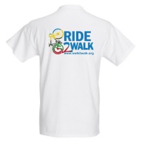 back of white tshirt with ride 2walk multicolored logo 